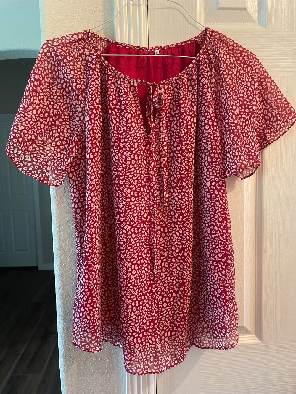 Red Floral Print Tie-Front Women's Blouse L